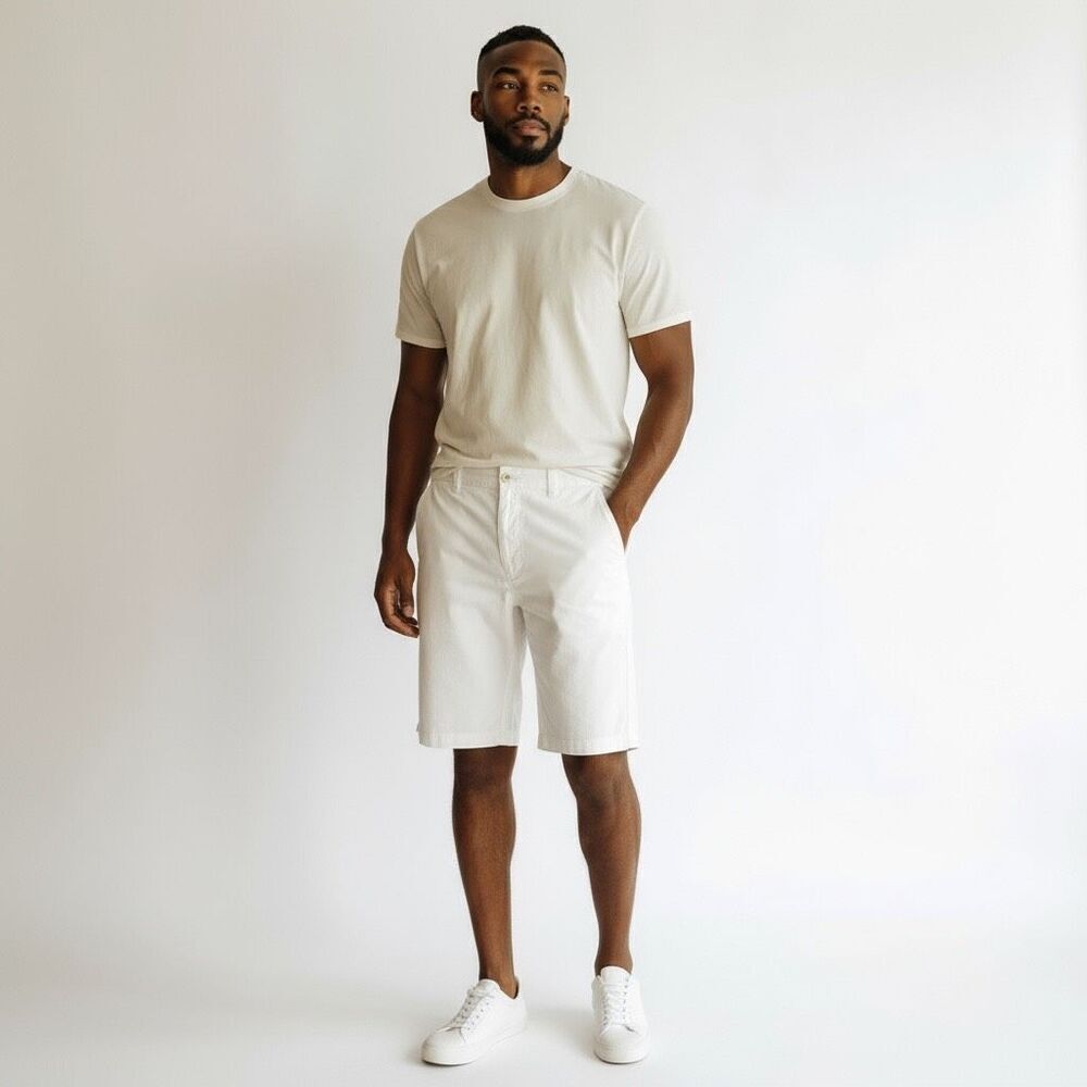 Basix Men’s summer Shorts Flat Front solid White Jeans pockets Size L chinos ￼